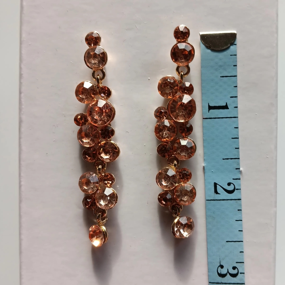 Rose Gold & Pink Faux Diamonds Dangly Earrings, Post Back, 2.5" Length - Picture 2 of 6